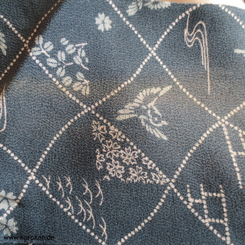 blaugrau, Vögelchen Komon Seiden Kimono - nur als Materiallager
