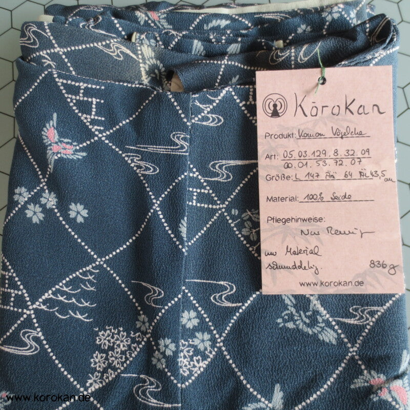 blaugrau, Vögelchen Komon Seiden Kimono - nur als Materiallager