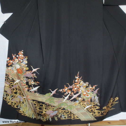 Kranich über Wellen Tomesode seidener Kimono