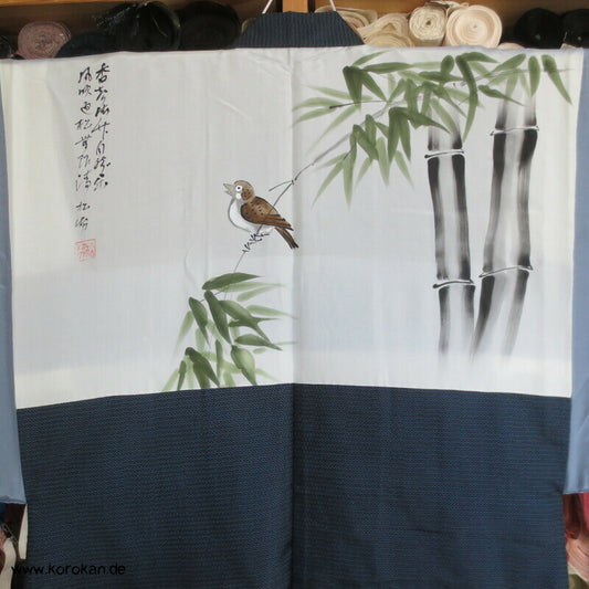 Spatz im Bambus, Gedicht im Futter, Haori Seiden Kasuri Tsumugi Männer Kimono Jacke