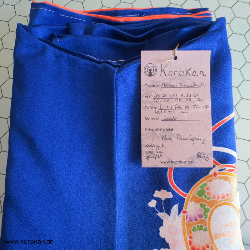 Tsukesage Kimono Seide kobaltblau mit Handtrommeln, teilbestickt
