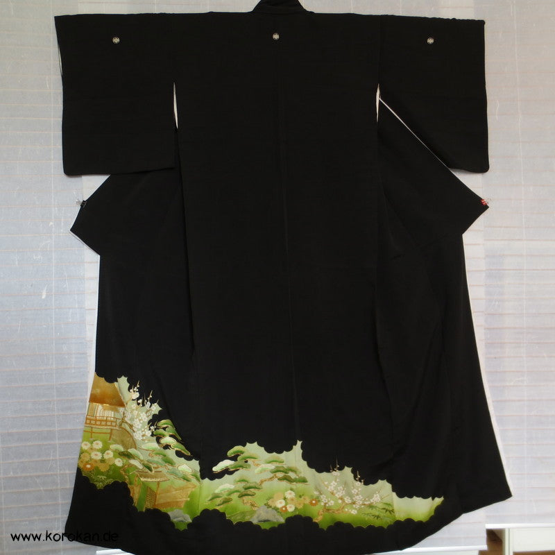 Haus und Garten mit Goldstickerei Tomesode Seiden Kimono