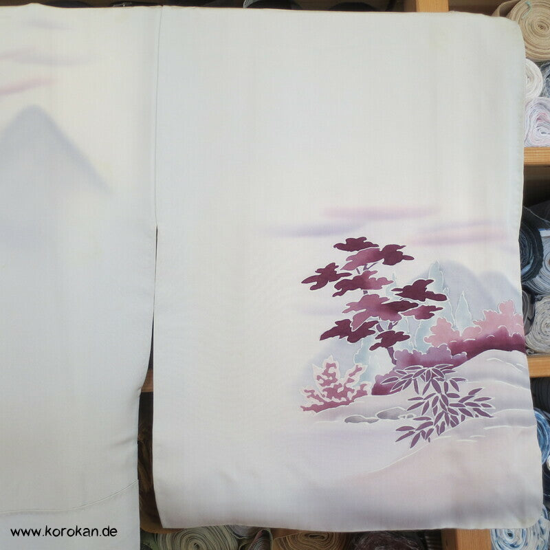Tsukesage Kimono hellgrau, Gartenlandschaft mit Haus