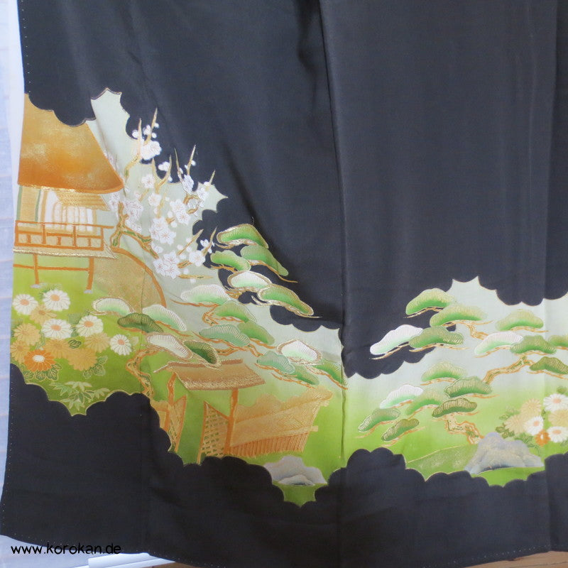 Haus und Garten mit Goldstickerei Tomesode Seiden Kimono