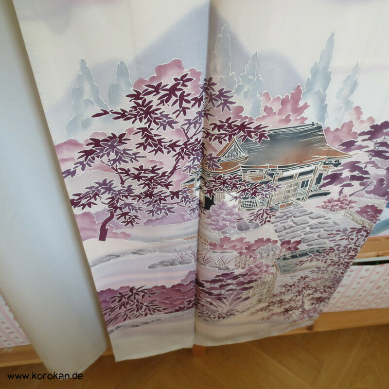 Tsukesage Kimono hellgrau, Gartenlandschaft mit Haus