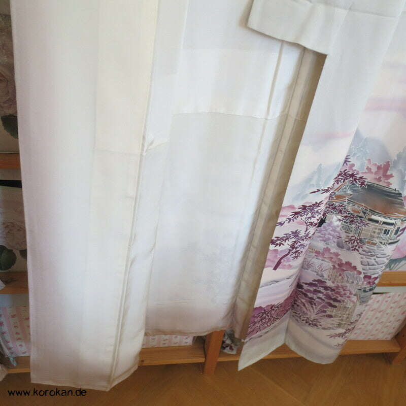 Tsukesage Kimono hellgrau, Gartenlandschaft mit Haus