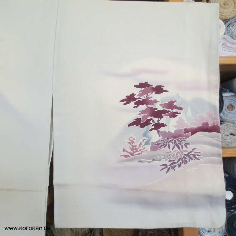 Tsukesage Kimono hellgrau, Gartenlandschaft mit Haus