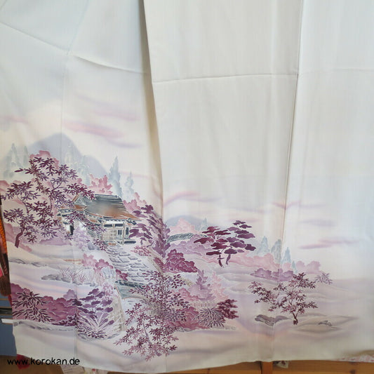 Tsukesage Kimono hellgrau, Gartenlandschaft mit Haus