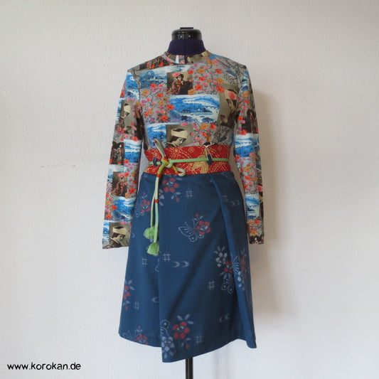 Schmetterlinge Kasuri Wollstoff Wickelrock mit Obi Bund, Obijime