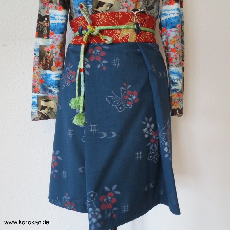 Schmetterlinge Kasuri Wollstoff Wickelrock mit Obi Bund, Obijime