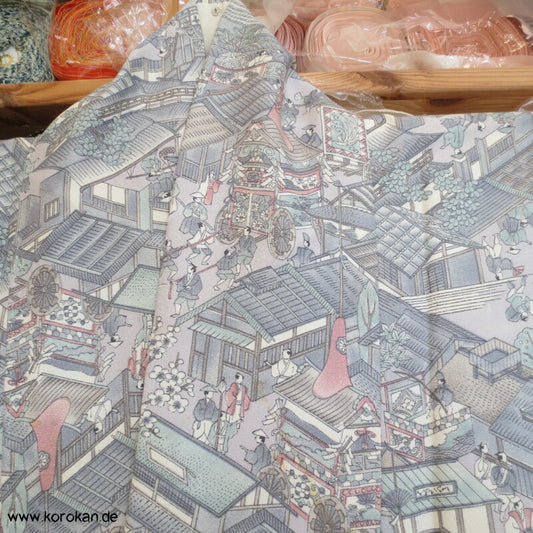 Wimmelbild einer japanisches Stadt Komon Seidencrepesatin Kimono