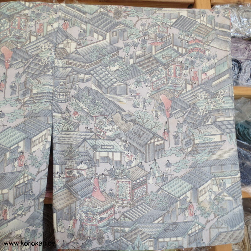 Wimmelbild einer japanisches Stadt Komon Seidencrepesatin Kimono