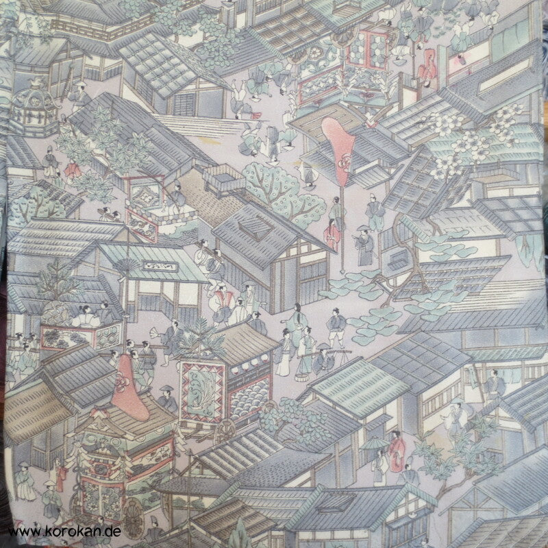 Wimmelbild einer japanisches Stadt Komon Seidencrepesatin Kimono