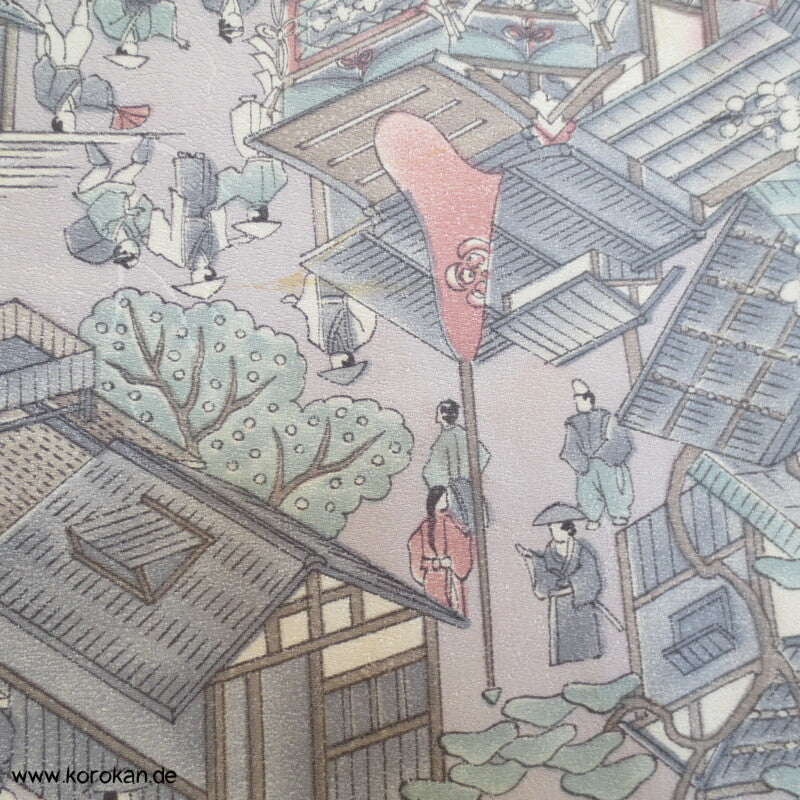 Wimmelbild einer japanisches Stadt Komon Seidencrepesatin Kimono