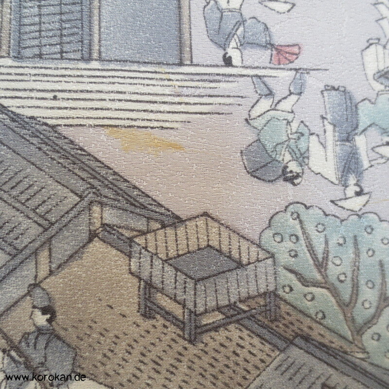 Wimmelbild einer japanisches Stadt Komon Seidencrepesatin Kimono