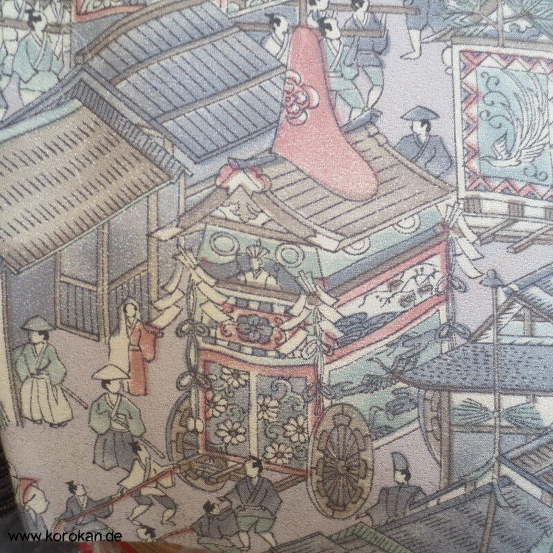 Wimmelbild einer japanisches Stadt Komon Seidencrepesatin Kimono