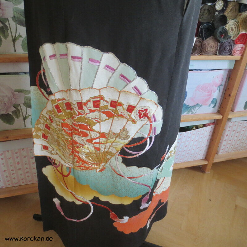 Upcycling Tomesode Kimono Rock mit angesetztem Brokat Obi Bund, Gr. M