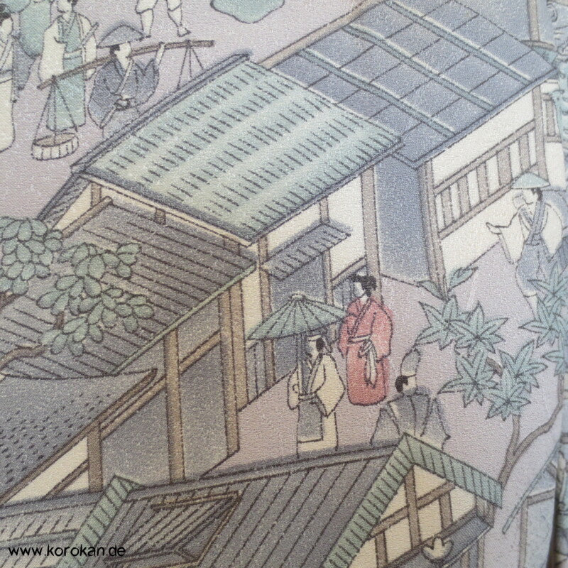 Wimmelbild einer japanisches Stadt Komon Seidencrepesatin Kimono