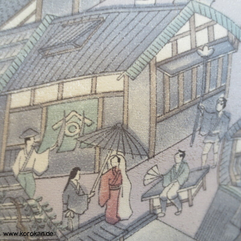Wimmelbild einer japanisches Stadt Komon Seidencrepesatin Kimono