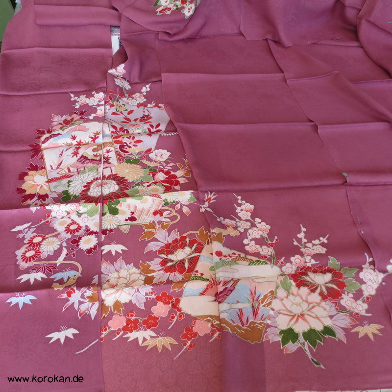 Kapuzen Hauskleid aus Homongi Kimono, Blüten auf azaleerosa