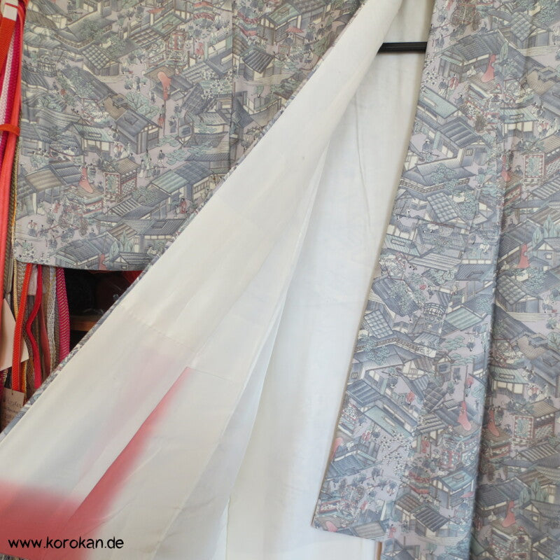 Wimmelbild einer japanisches Stadt Komon Seidencrepesatin Kimono