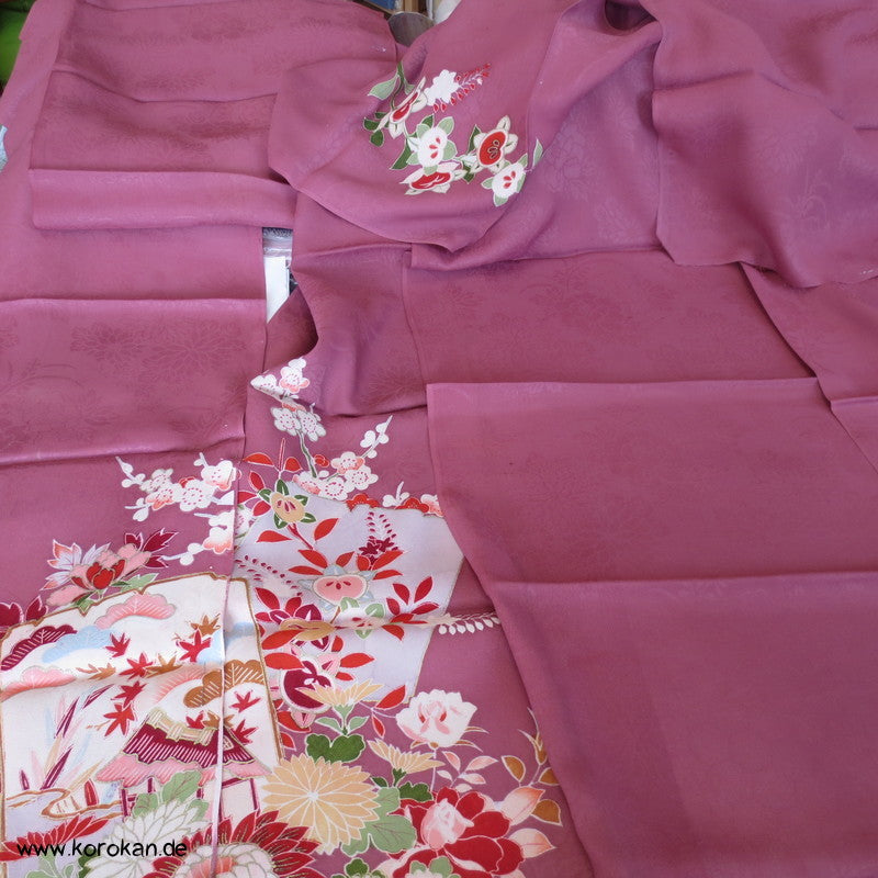 Kapuzen Hauskleid aus Homongi Kimono, Blüten auf azaleerosa