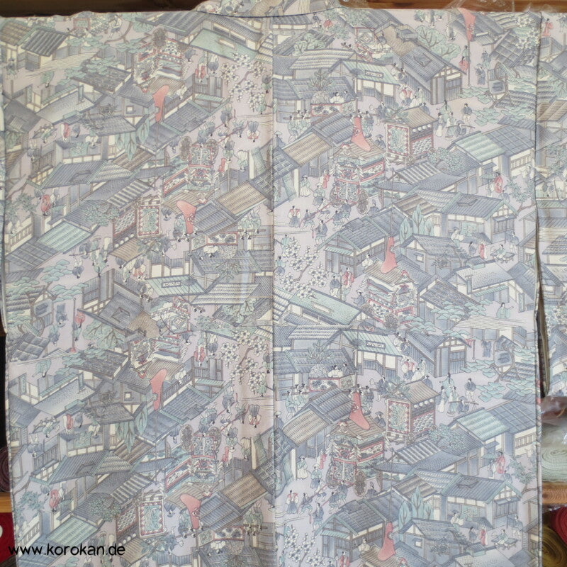 Wimmelbild einer japanisches Stadt Komon Seidencrepesatin Kimono