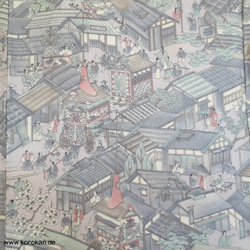 Wimmelbild einer japanisches Stadt Komon Seidencrepesatin Kimono