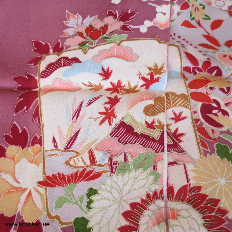 Kapuzen Hauskleid aus Homongi Kimono, Blüten auf azaleerosa