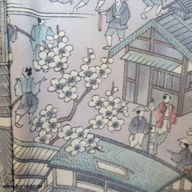 Wimmelbild einer japanisches Stadt Komon Seidencrepesatin Kimono