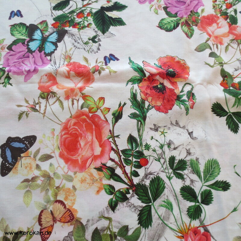 Baumwolljersey Juni, Rosen, Erdbeeren, Schmetterlinge, Mohn