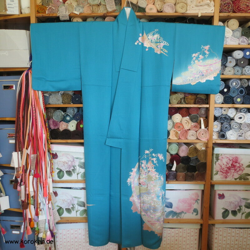 Tsukesage Kimono Seide Emaki Bildrollen auf Türkis