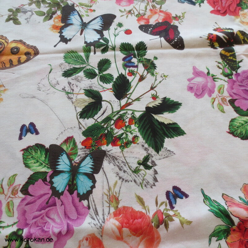 Baumwolljersey Juni, Rosen, Erdbeeren, Schmetterlinge, Mohn