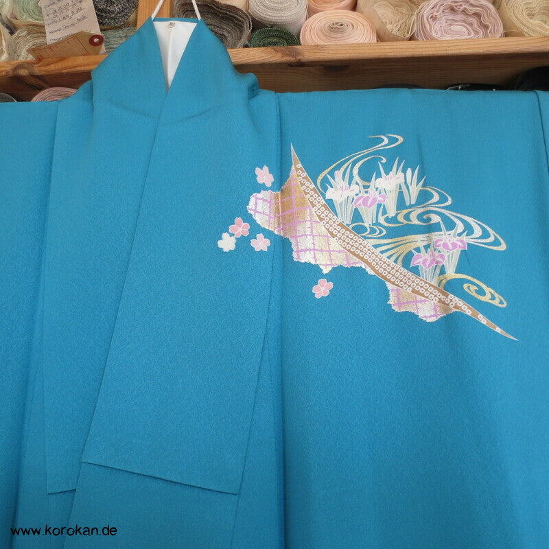Tsukesage Kimono Seide Emaki Bildrollen auf Türkis