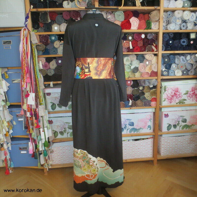Upcycling Tomesode Kimono Rock mit angesetztem Brokat Obi Bund, Gr. M