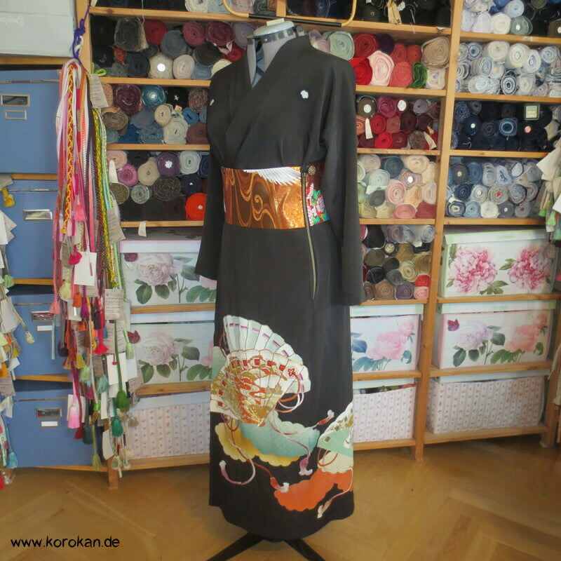 Upcycling Tomesode Kimono Rock mit angesetztem Brokat Obi Bund, Gr. M