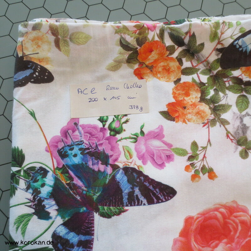 Baumwolljersey Juni, Rosen, Erdbeeren, Schmetterlinge, Mohn