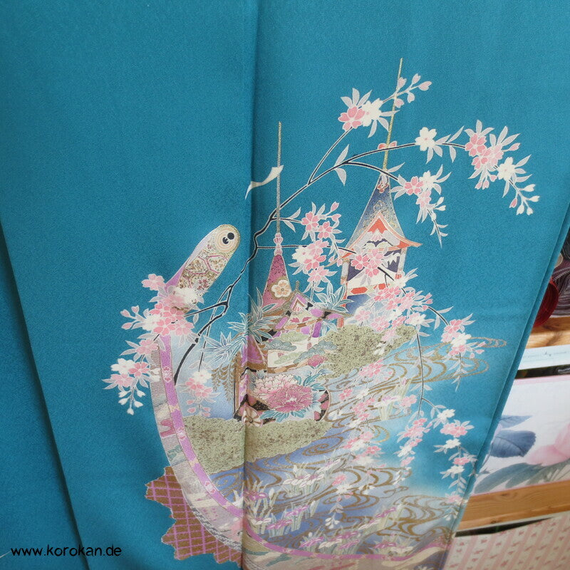 Tsukesage Kimono Seide Emaki Bildrollen auf Türkis