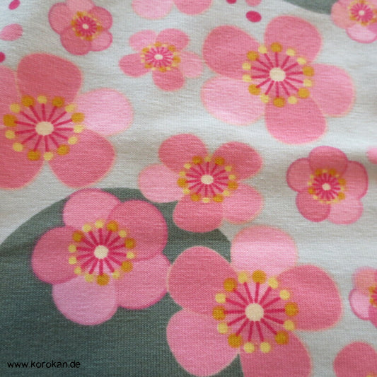 Baumwolljersey Sakura und Punkte graugrün