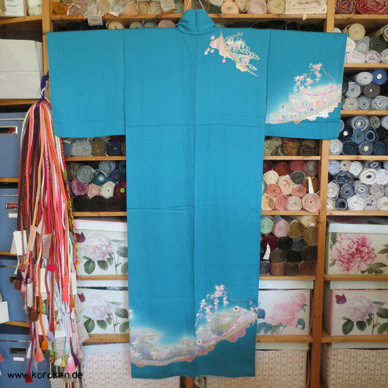 Tsukesage Kimono Seide Emaki Bildrollen auf Türkis