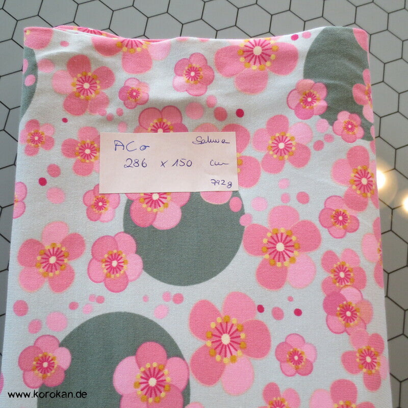 Baumwolljersey Sakura und Punkte graugrün