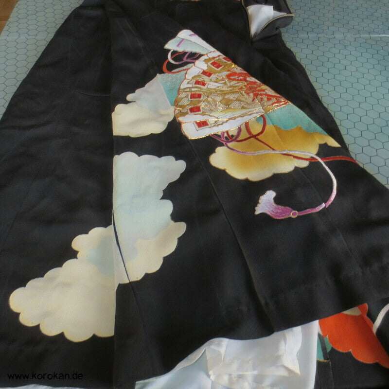Upcycling Tomesode Kimono Rock mit angesetztem Brokat Obi Bund, Gr. M