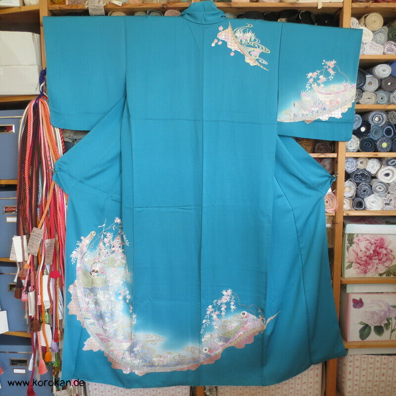 Tsukesage Kimono Seide Emaki Bildrollen auf Türkis