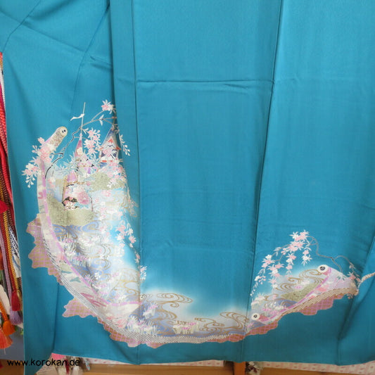 Tsukesage Kimono Seide Emaki Bildrollen auf Türkis