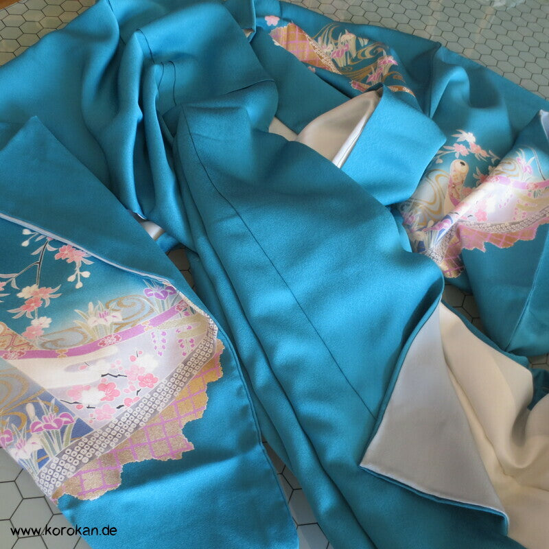 Tsukesage Kimono Seide Emaki Bildrollen auf Türkis