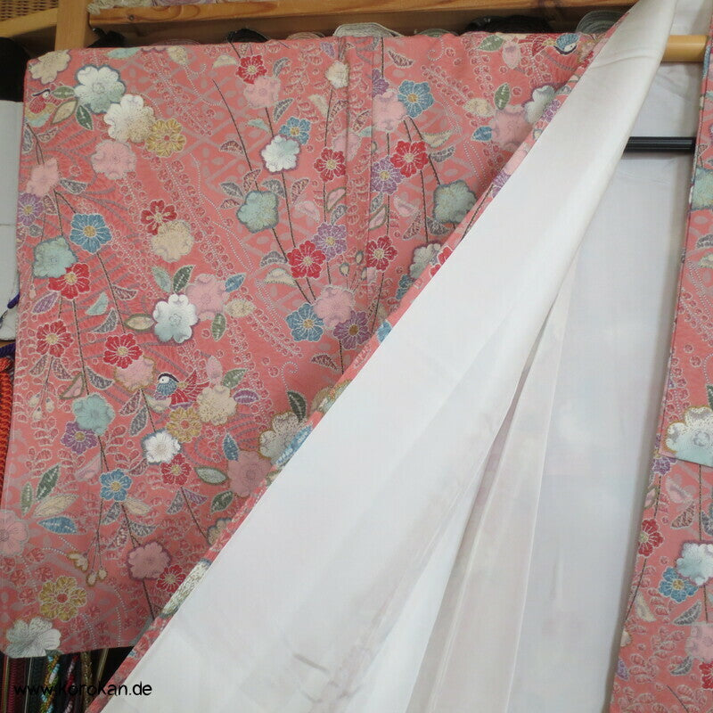Tsujigahana Blumen und Mandarinenten Seidencrepe Komon Kimono