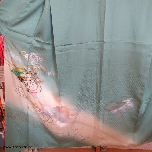 Tsukesage Kimono Seide handgemalte Fächer auf meergrün