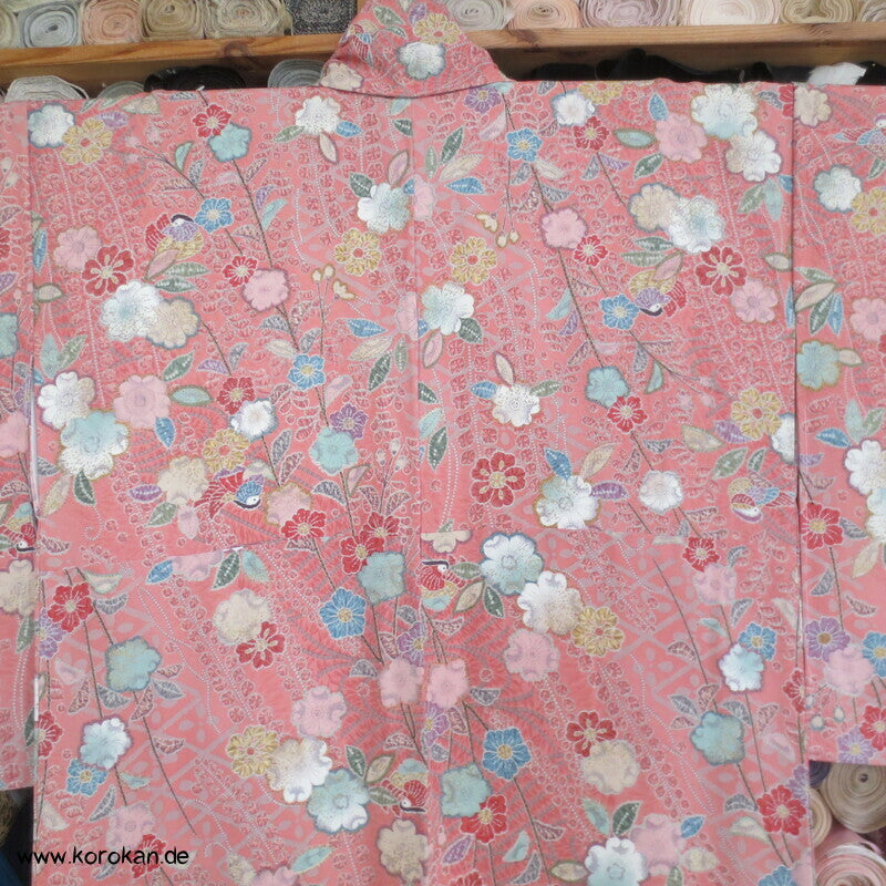 Tsujigahana Blumen und Mandarinenten Seidencrepe Komon Kimono