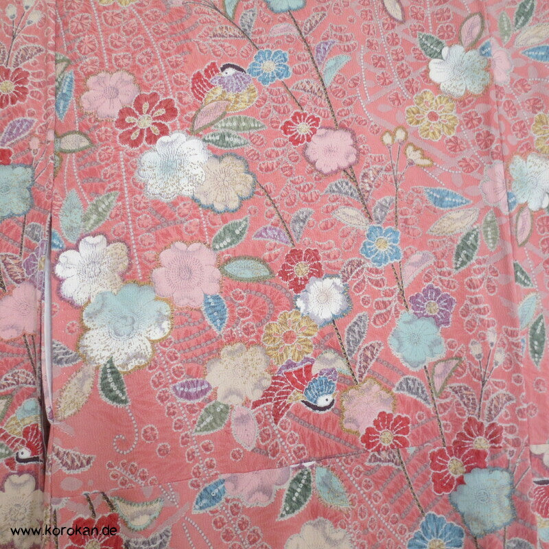 Tsujigahana Blumen und Mandarinenten Seidencrepe Komon Kimono