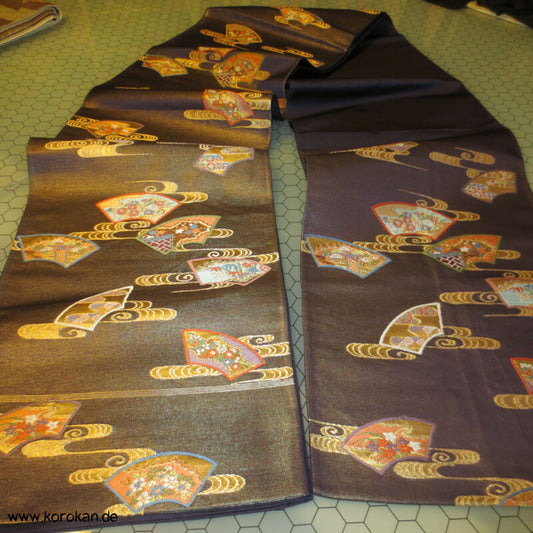 glänzende Fächer auf dunklem Grund Brokat Fukuro Obi Seidenbrokat Kimonogürtel